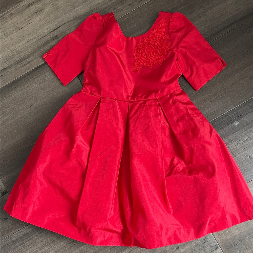 Red Fit-and-Flare Dress with Embroidered Detail